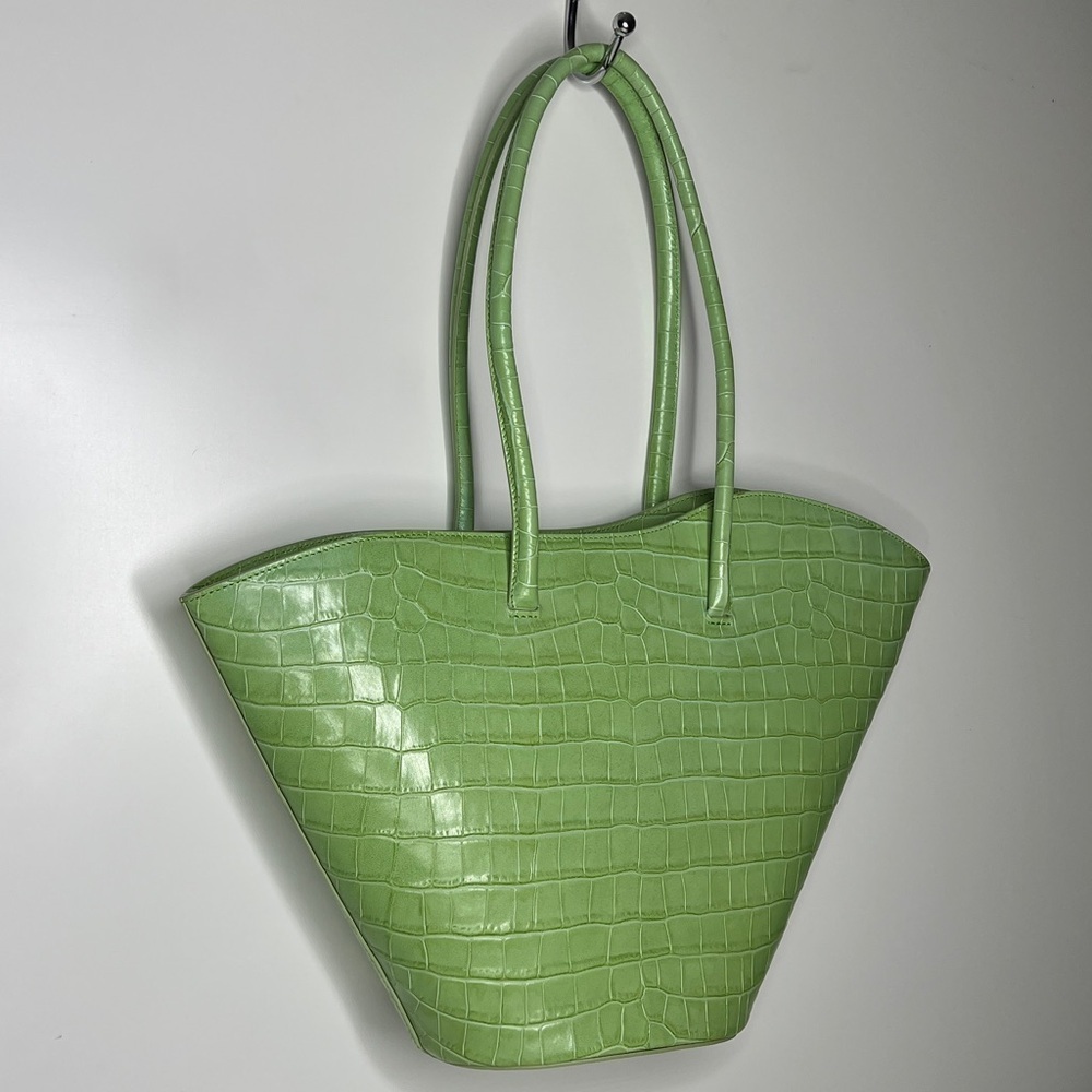 Little Liffner Tall Tulip Croc-Embossed Light Green Chartreuse Leather Tote Bag — image 3 of 8